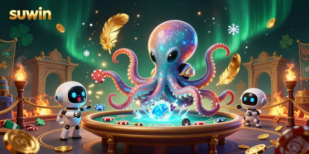 Experience the thrilling alien casino scene with suwin, featuring a holographic poker table and vibrant cosmic elements.
