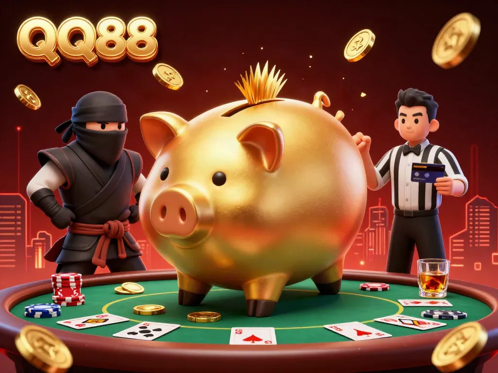 Experience thrilling action with QQ88 as the golden piggy bank sumo wrestler shakes coins loose at the poker table.