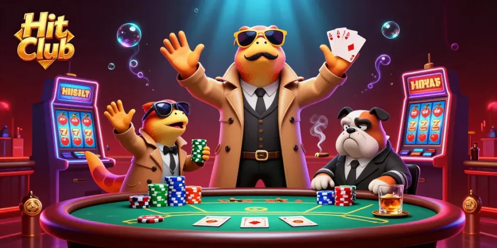 Hit Club illustration with raptors entering a VIP casino, surrounded by poker and slot elements.