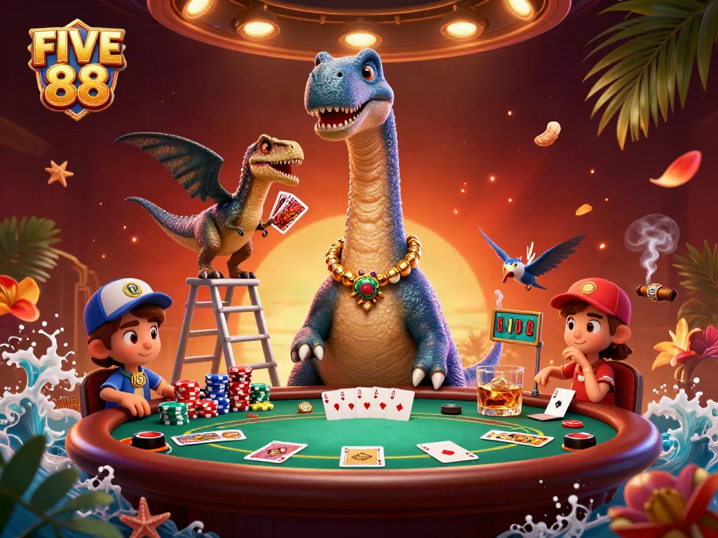 Engage in FIVE 88 poker with a whimsical cartoon brontosaurus dealer and dynamic casino scene.