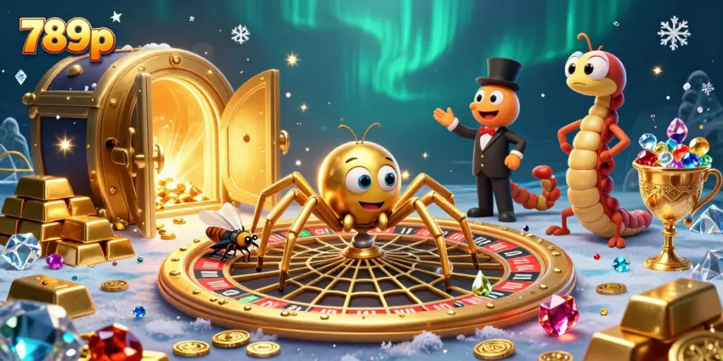 Experience the thrill of 789p betting with a golden spider and croupier in a dynamic casino scene.
