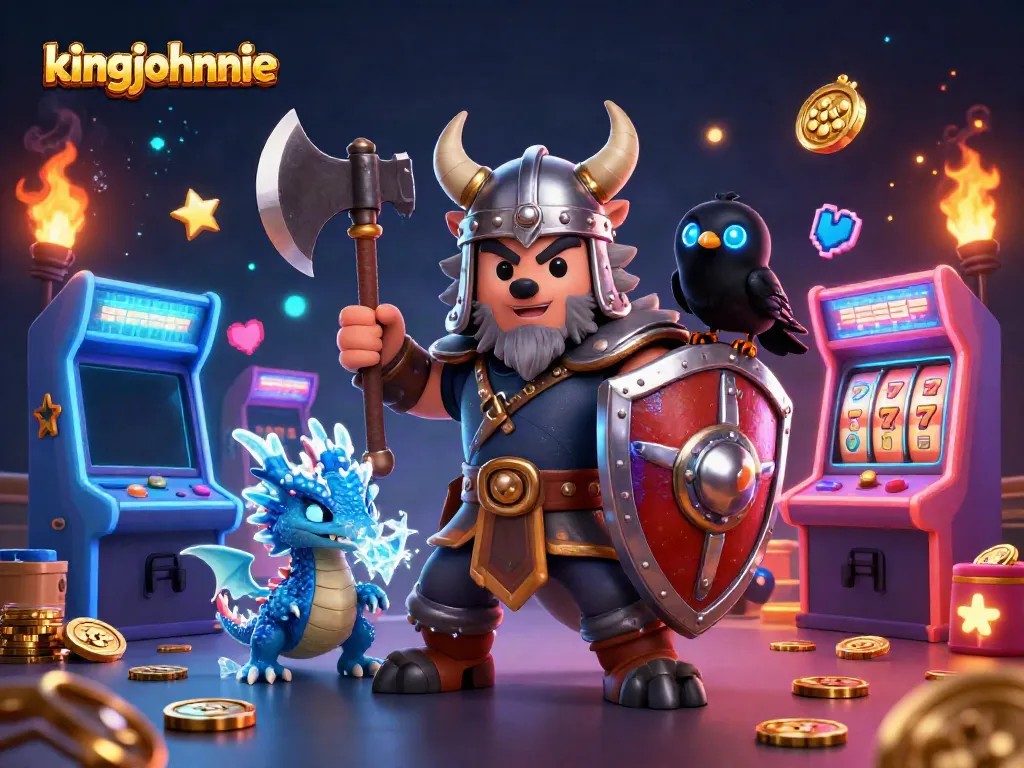 Engage in thrilling gameplay with kingjohnnie's vibrant 3D casino scene featuring iconic gaming elements.