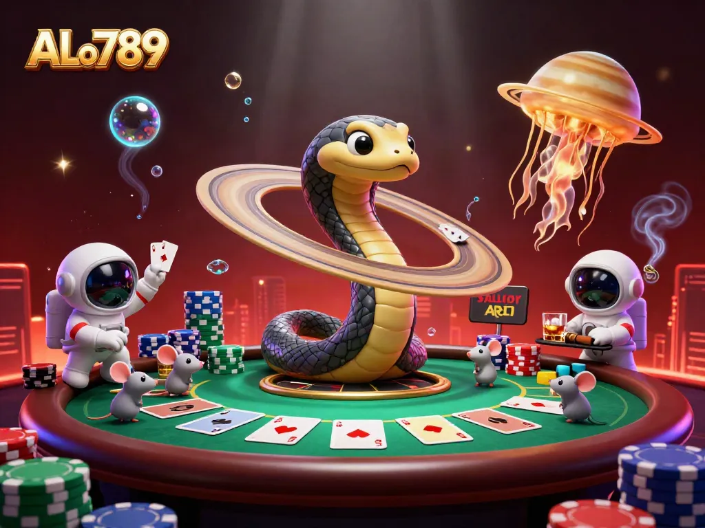 Experience ALo789 with thrilling bets in a cosmic casino scene featuring unique characters.