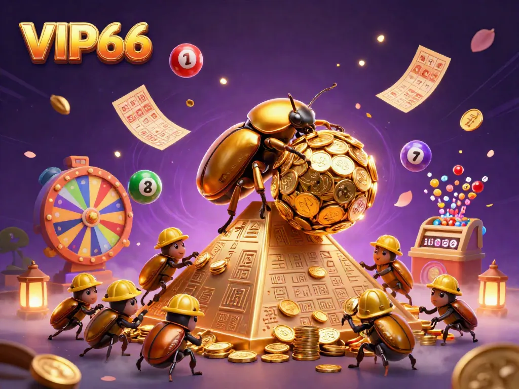 Experience winning moments at VIP66 with a gold dung beetle rolling coins surrounded by vibrant lottery elements.