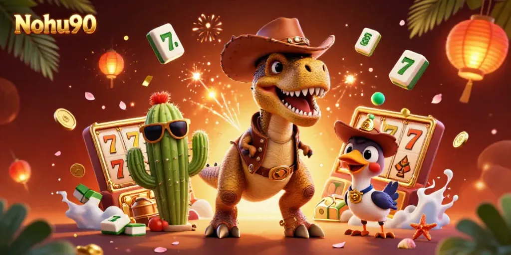 Engage with the thrilling jackpot adventure at Nohu90 with dynamic cowboy characters and vibrant casino elements.