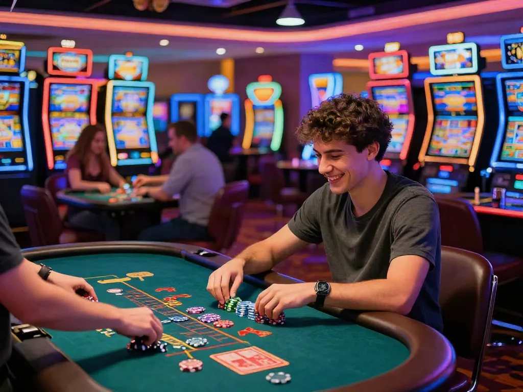 Casino Gratuit sans depot player winning at vibrant gambling table with bright lights.