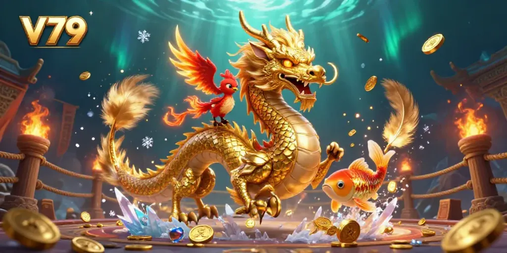 Experience thrilling gameplay at V79 with a majestic dragon and vibrant casino elements.