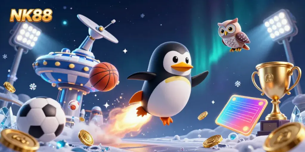 Engage with NK88 gaming excitement as a golden penguin zooms through space to a dazzling casino.