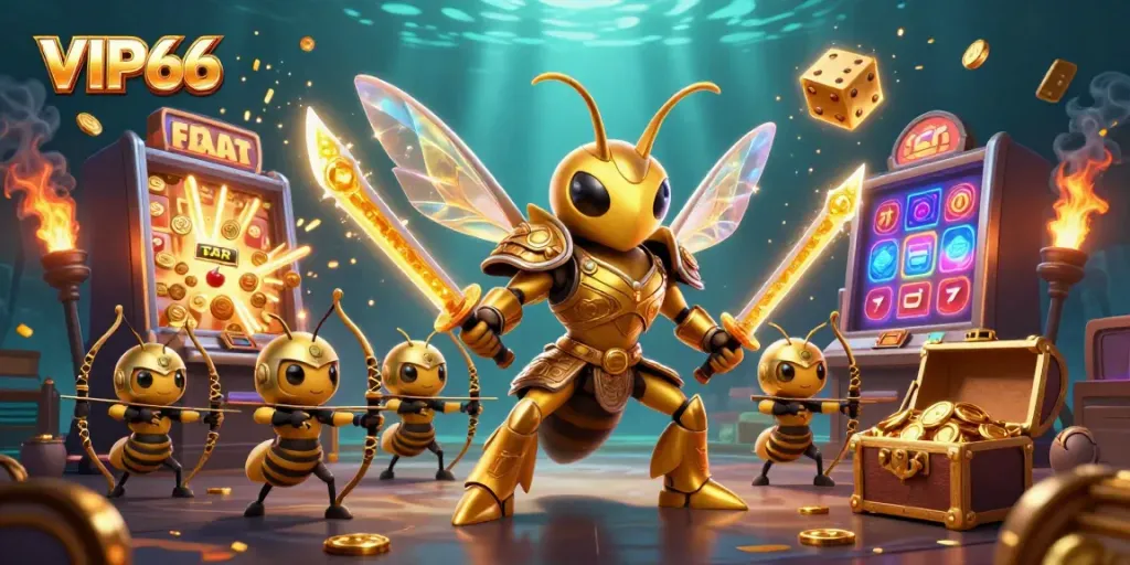 Experience excitement with VIP66 in a surreal illustration showing a golden hornet samurai amidst slot machines, coins, and games.