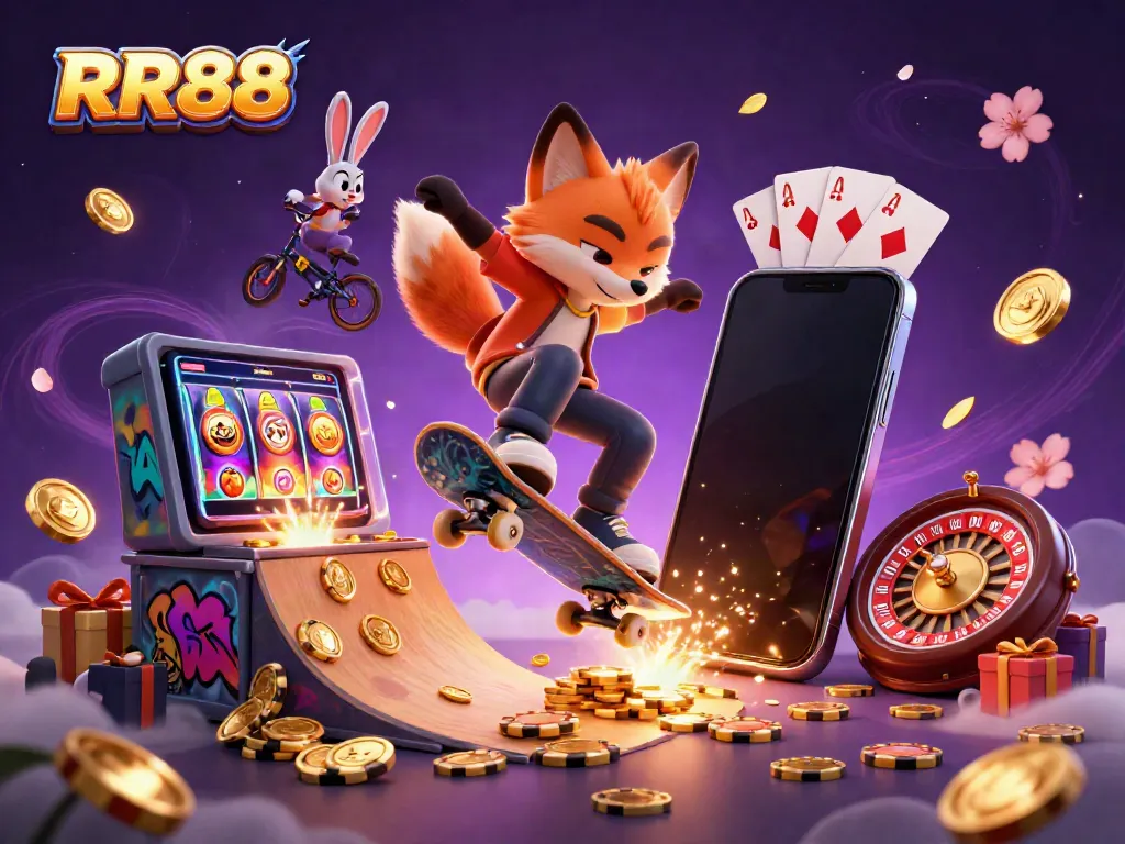 Experience thrilling gameplay at RR88 with a lively scene of cartoon characters surrounded by casino elements and vibrant colors.