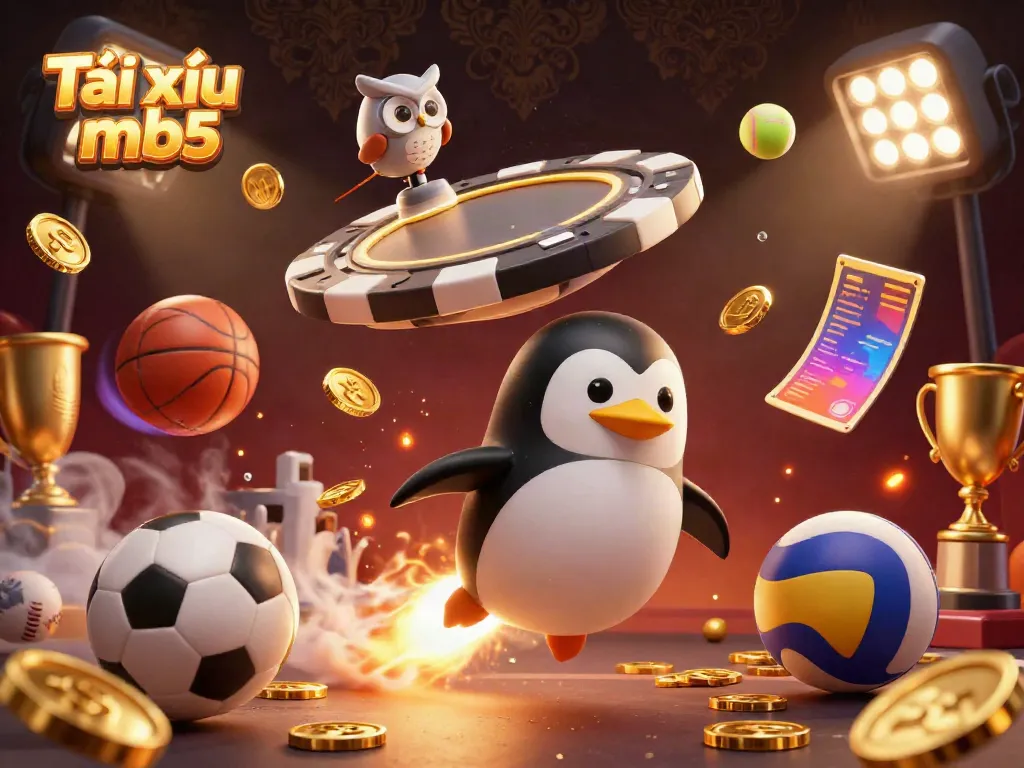 Experience the thrill of Tài xỉu mb5 with our dynamic 3D scene of a golden penguin and casino elements.