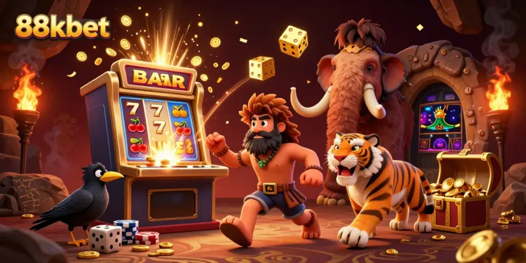 Join the exciting world of 88kbet with cavemen and tigers in a prehistoric casino setting filled with treasures.
