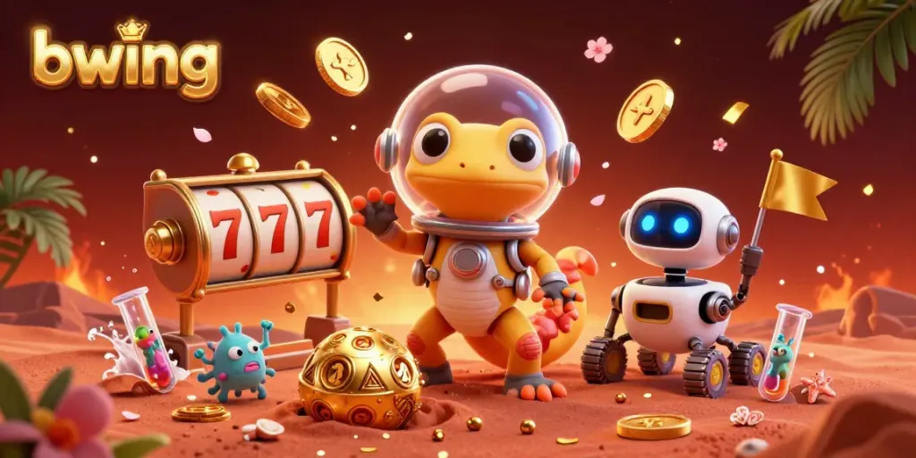 Experience the thrills of bwing casino with a Martian gecko exploring a buried casino in Mars sand.