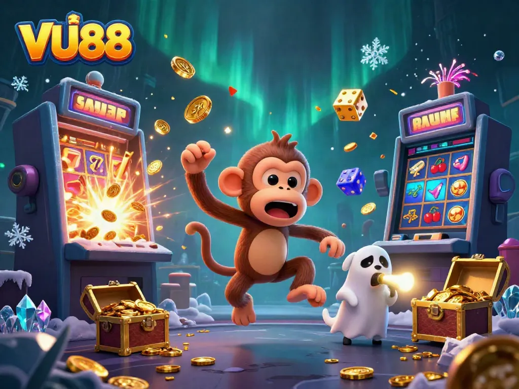Experience thrilling gameplay at VU88 with casino elements and a playful ghost.
