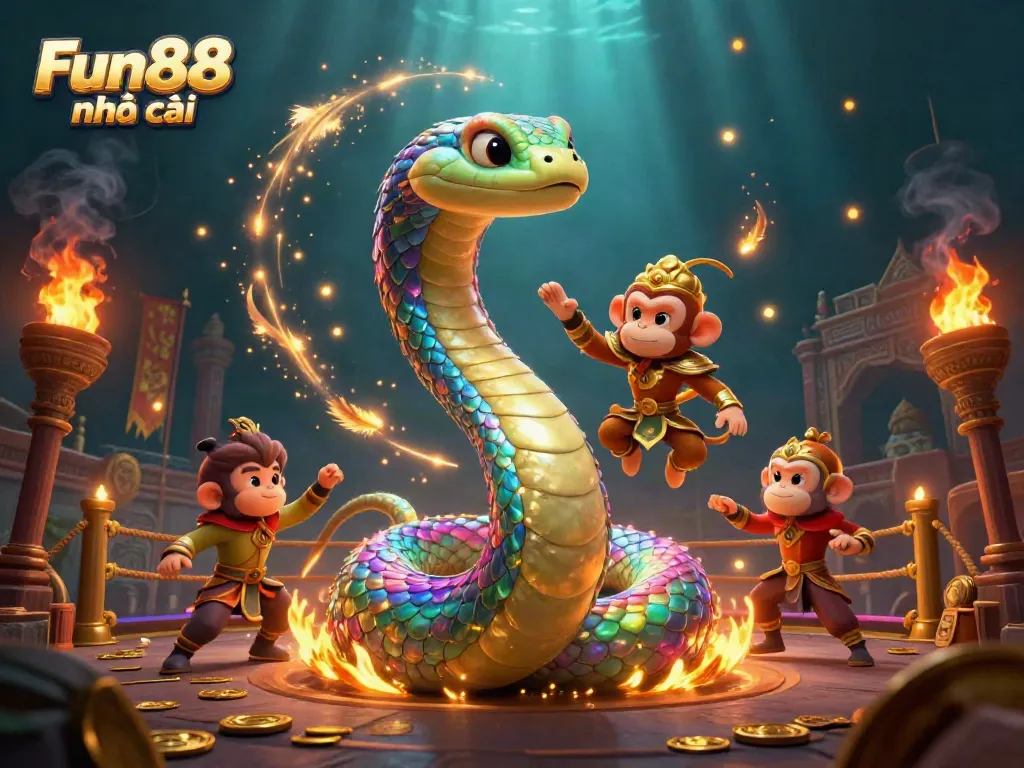 Experience vibrant gaming excitement with Fun88 nhà cái, featuring a 3D serpent and monkey king.