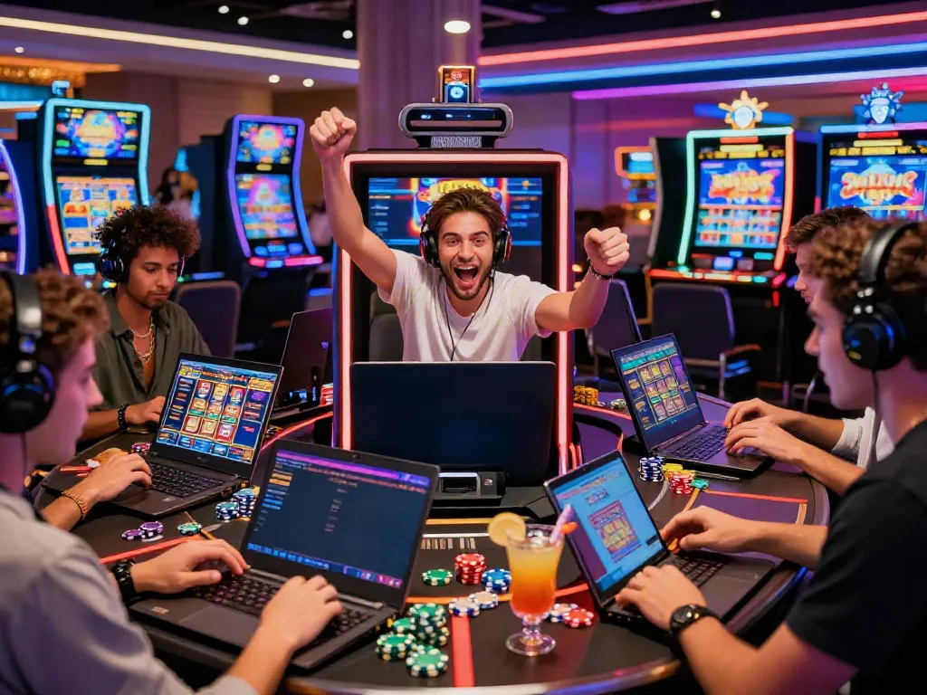 Engaged players enjoying Casinos Sans depots gaming experience on laptops and mobile devices in a vibrant online casino atmosphere.