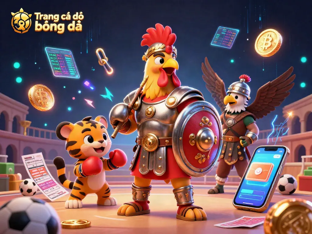 Engage in Trang cá độ bóng đá with an exciting scene showcasing a sports betting rooster, betting slips, and trophies.
