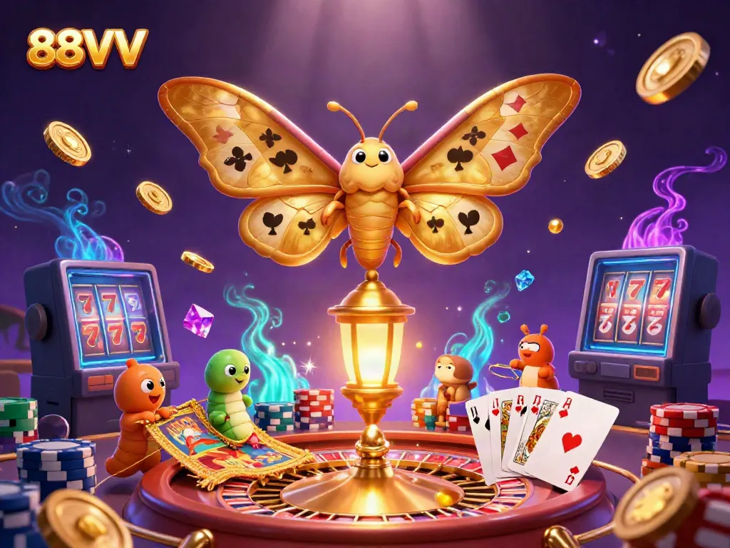 88VV showcases a vibrant illustration of an atlas moth and casino elements, inviting gamers to engage.