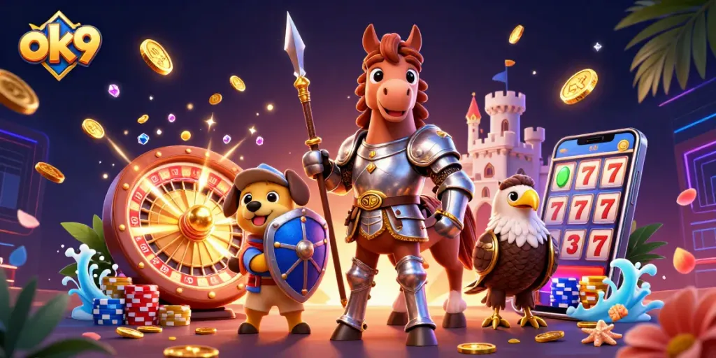 Engage in thrilling gameplay with ok9 as cascading coins, poker chips, and a knight bring excitement to your gaming.