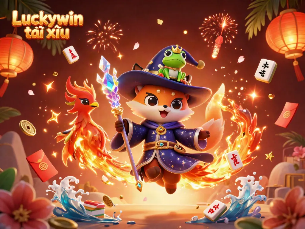 Experience the excitement of Luckywin tài xỉu with a mesmerizing scene of magical characters and casino elements.