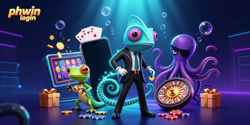 Join the excitement through phwin login with a dynamic casino scene featuring animated characters amidst casino elements.