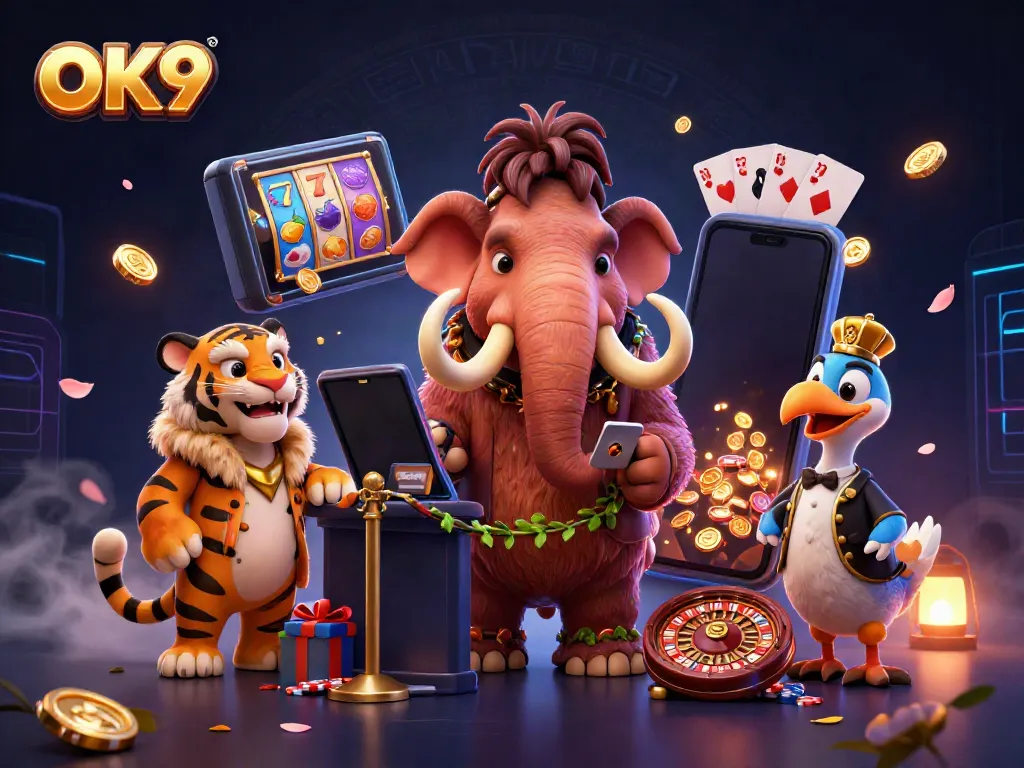 Engage with OK9 at vibrant casino entrance featuring colorful games, dynamic characters and golden elements.