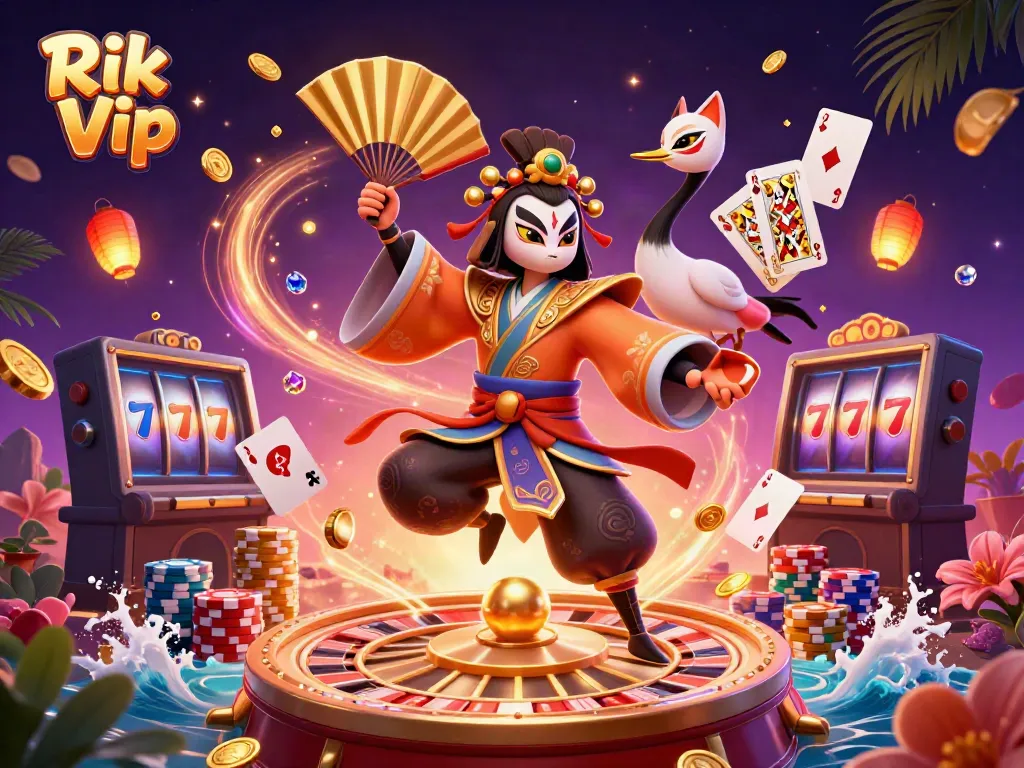 Engage with Rik Vip's vibrant gambling scene featuring 3D characters, coins, and casino elements.