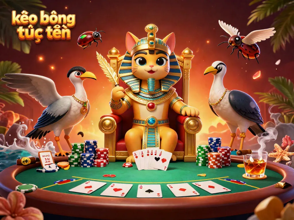 Engage with kèo bóng trực tuyến amidst a dynamic scene of a pharaoh cat and poker elements.