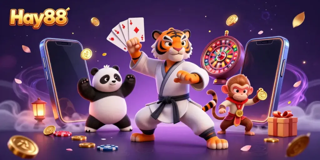 Experience exciting gaming elements at Hay88 with a vibrant illustration of a kung fu tiger and friends portraying gambling fun.