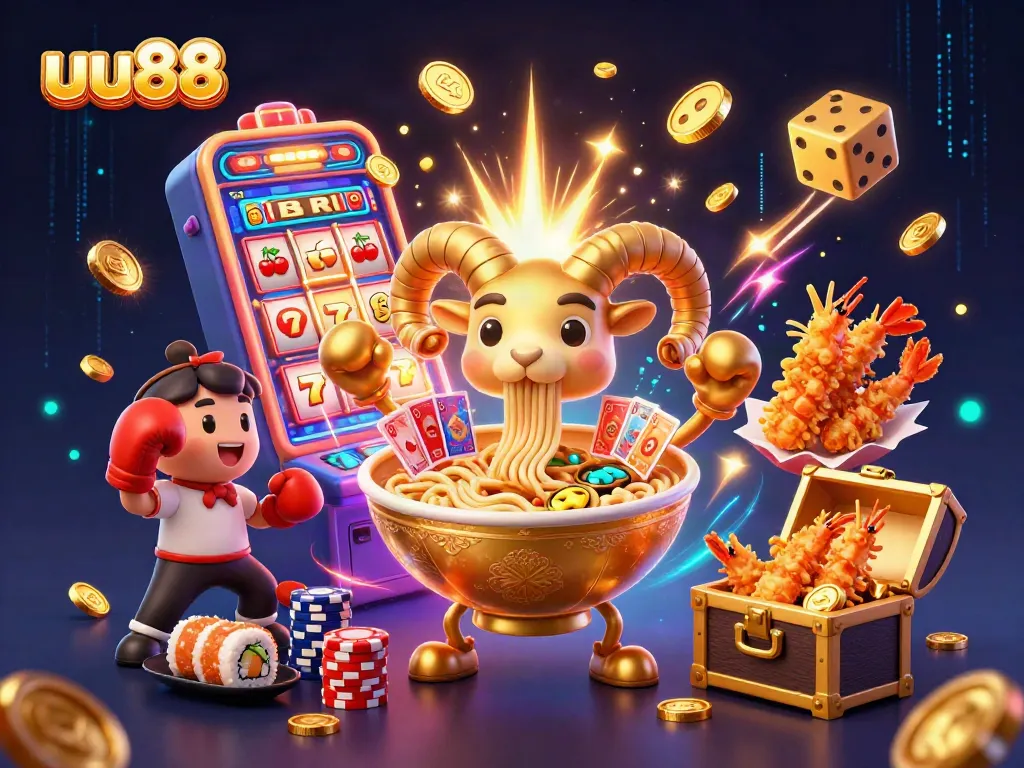 uu88 casino scene with animated ramen bowl, gyoza, and slot machine action.