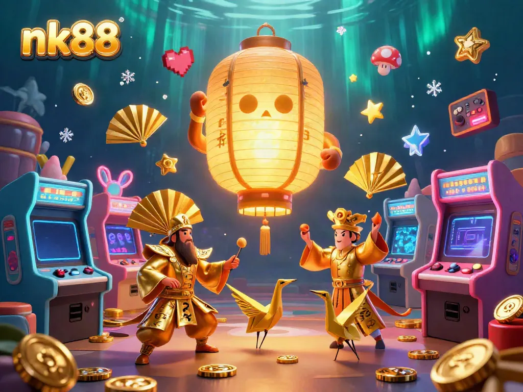 Experience exciting games at nk88 casino with a vibrant 3D illustration showcasing fortune and fun.