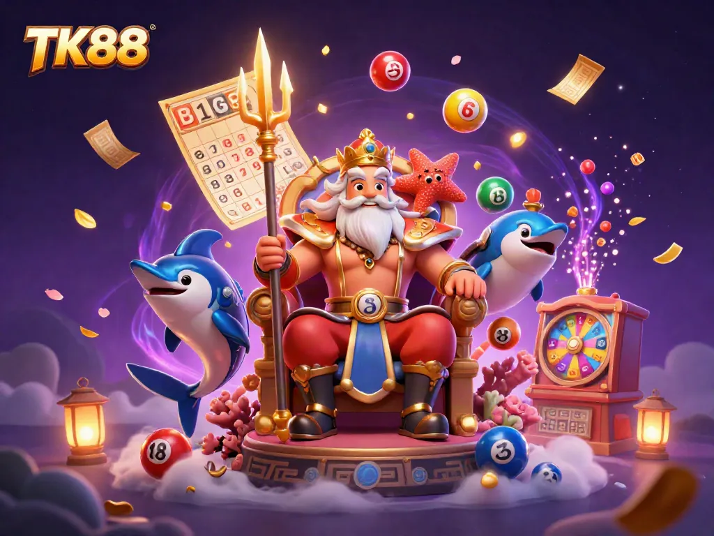 Experience the thrilling world of TK88 with Neptune, a swordfish samurai, and vibrant lottery elements.