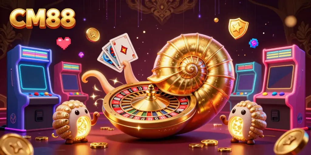 Engage with CM88's vibrant casino illustration featuring a giant nautilus as a roulette wheel amidst glowing game elements.