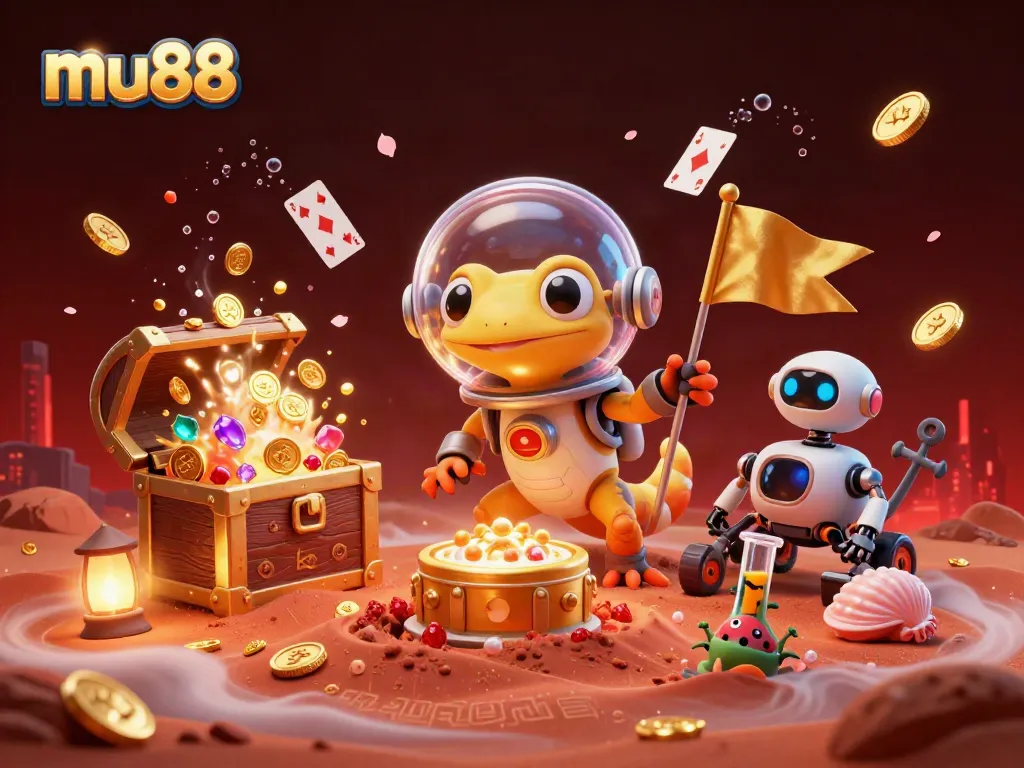 Engage with mu88's vibrant Martian casino adventure featuring gold coins, captivating elements, and a robot rover.