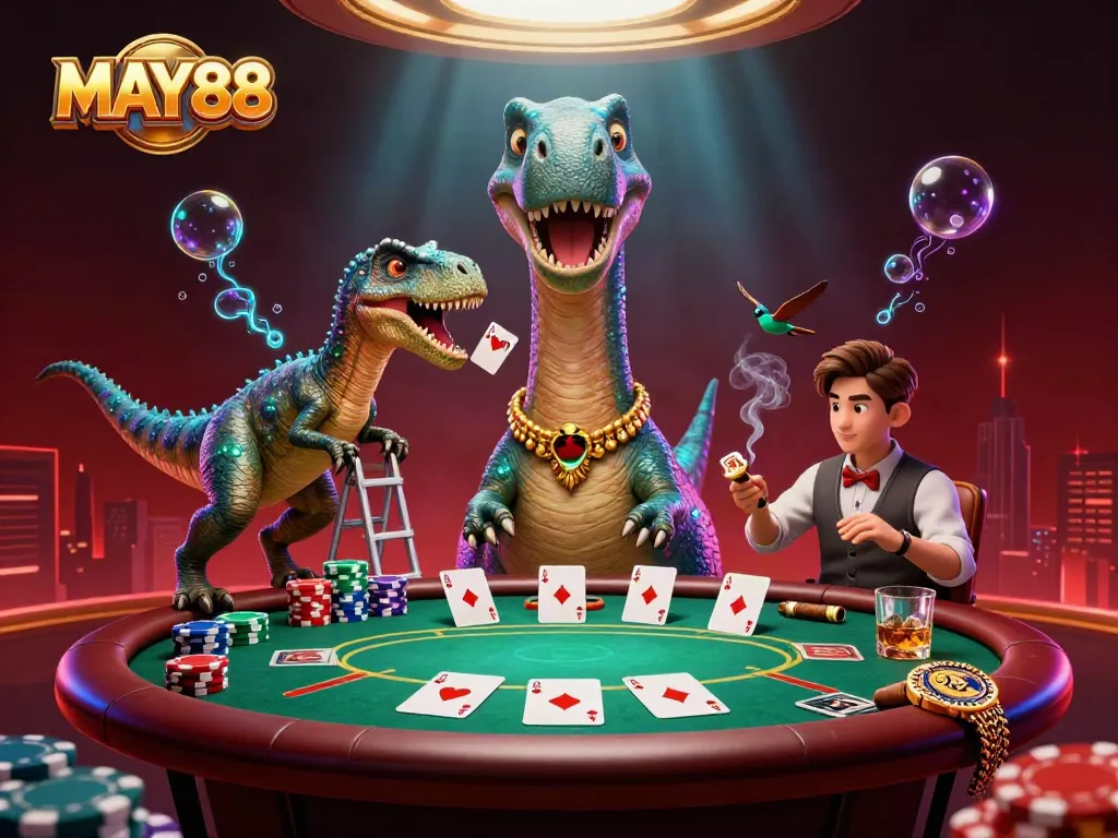 MAY88 immerses players in a 3D poker scene with vibrant characters and rich casino elements.