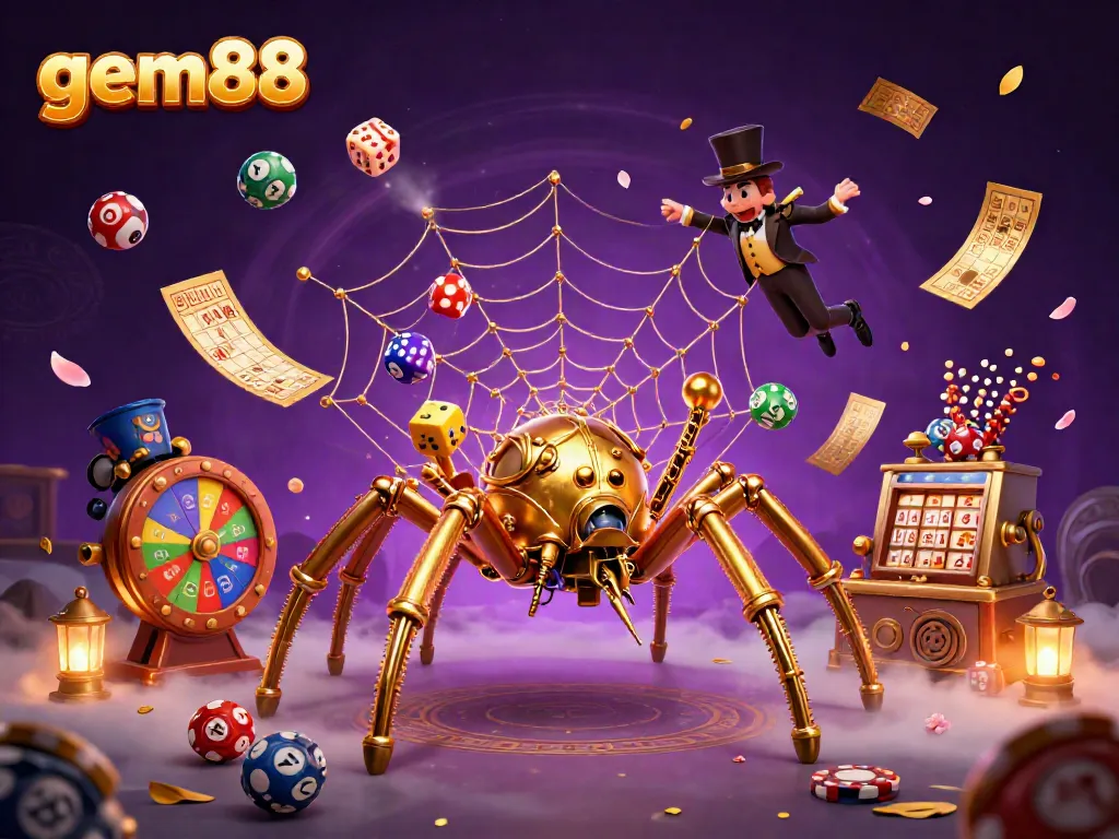 Experience gem88's immersive gaming scene with a steampunk spider capturing dice and vibrant lottery elements.
