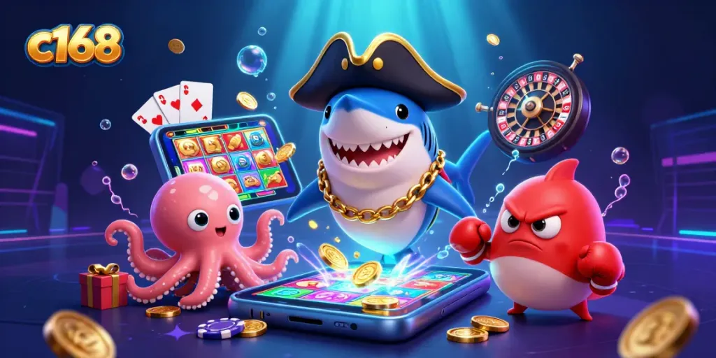 C168 pirates celebrate with jackpots and slot reels in this colorful casino-themed scene