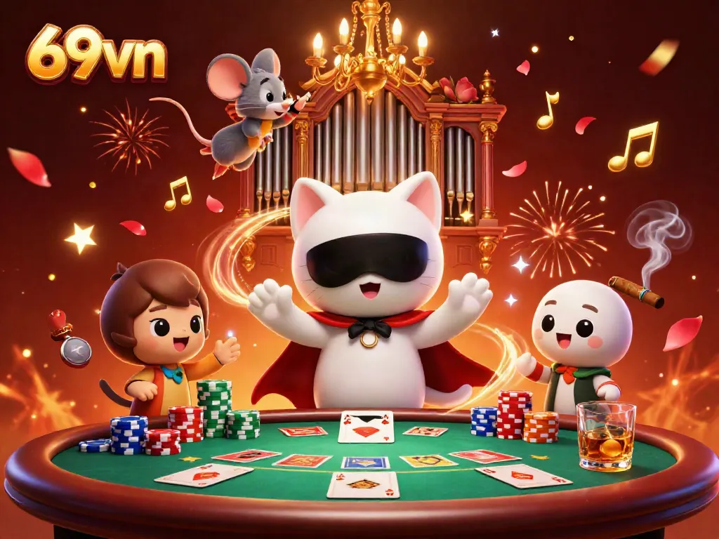Play thrilling games at 69vn casino with an exciting illustration of characters celebrating victories.