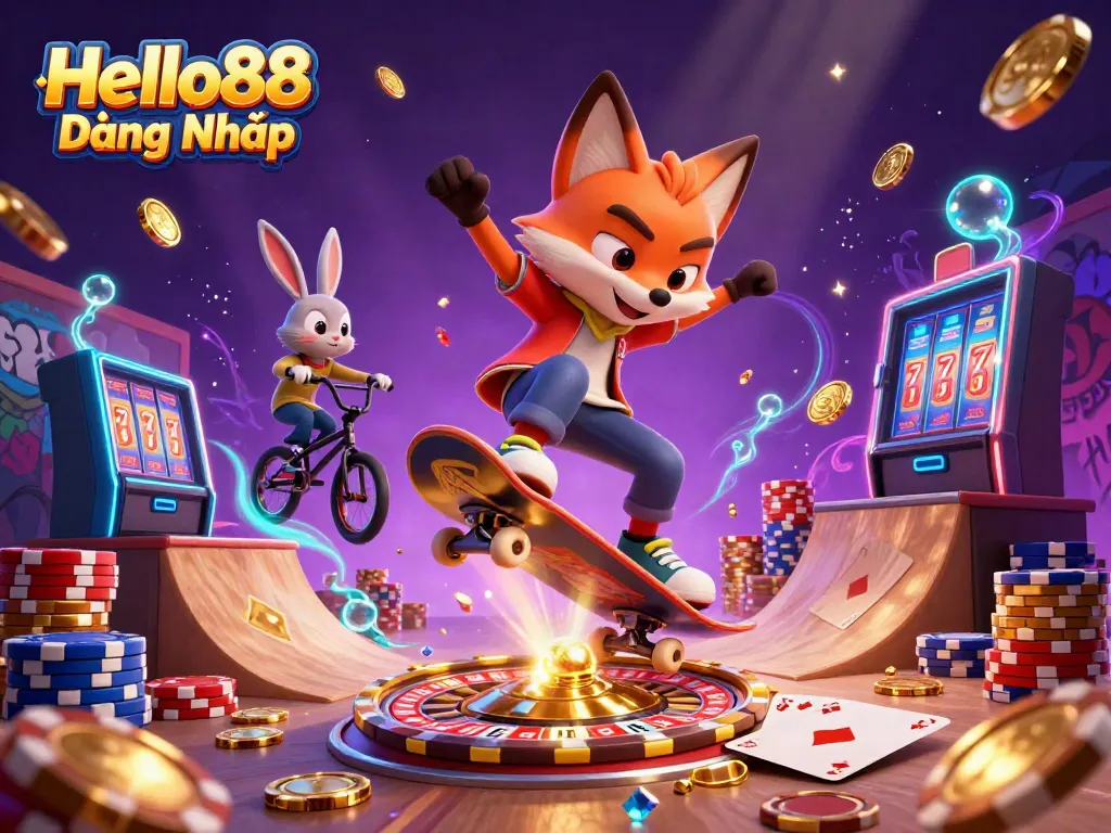 Engaging action scene of Hello88 Đăng Nhập with a skateboarder fox and rabbit amidst casino elements.