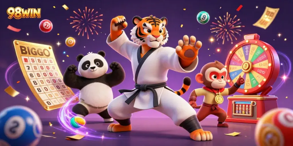Engage with 98WIN's thrilling casino world featuring cartoon characters in dynamic pose amidst vibrant lottery elements.