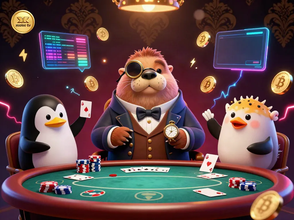 Xoilac TV highlights a jolly walrus playing poker underwater with eye-catching neon details and cryptocurrency elements.
