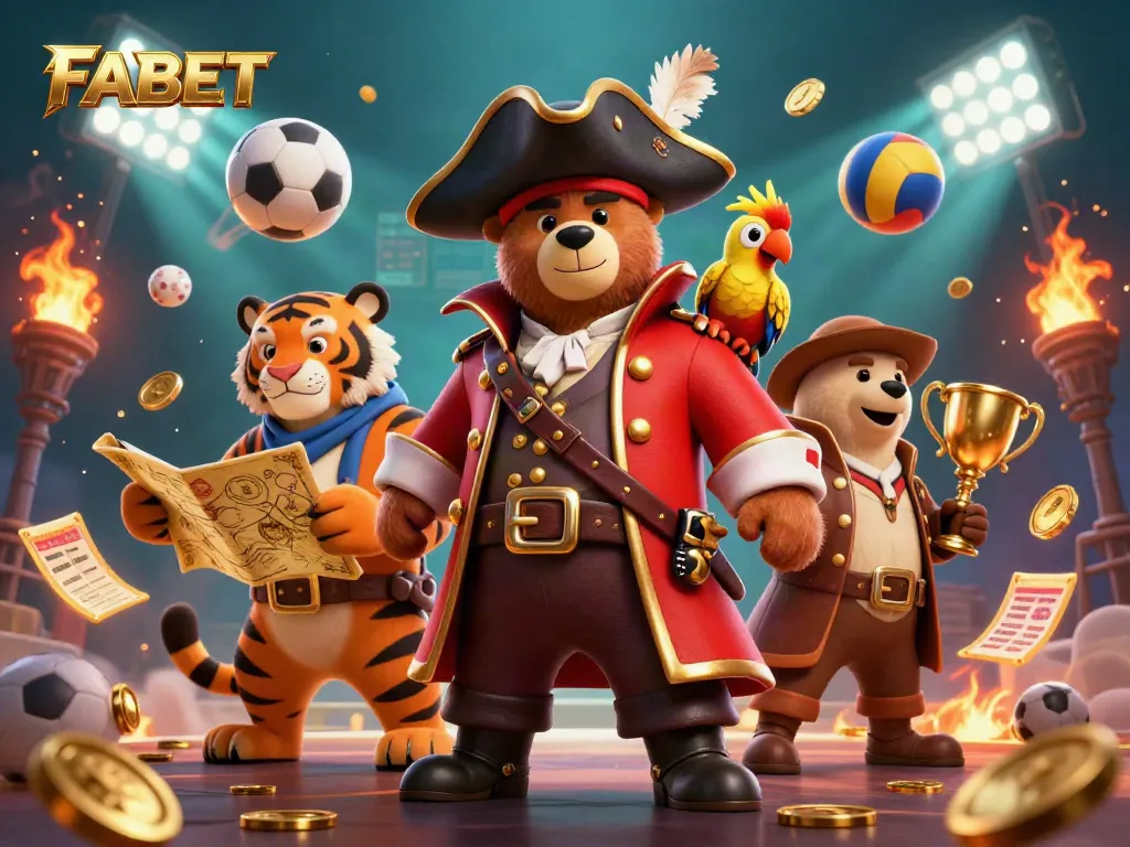 Win big at FABET with a dynamic gaming scene featuring a pirate captain, tiger first mate, and vibrant sports elements.