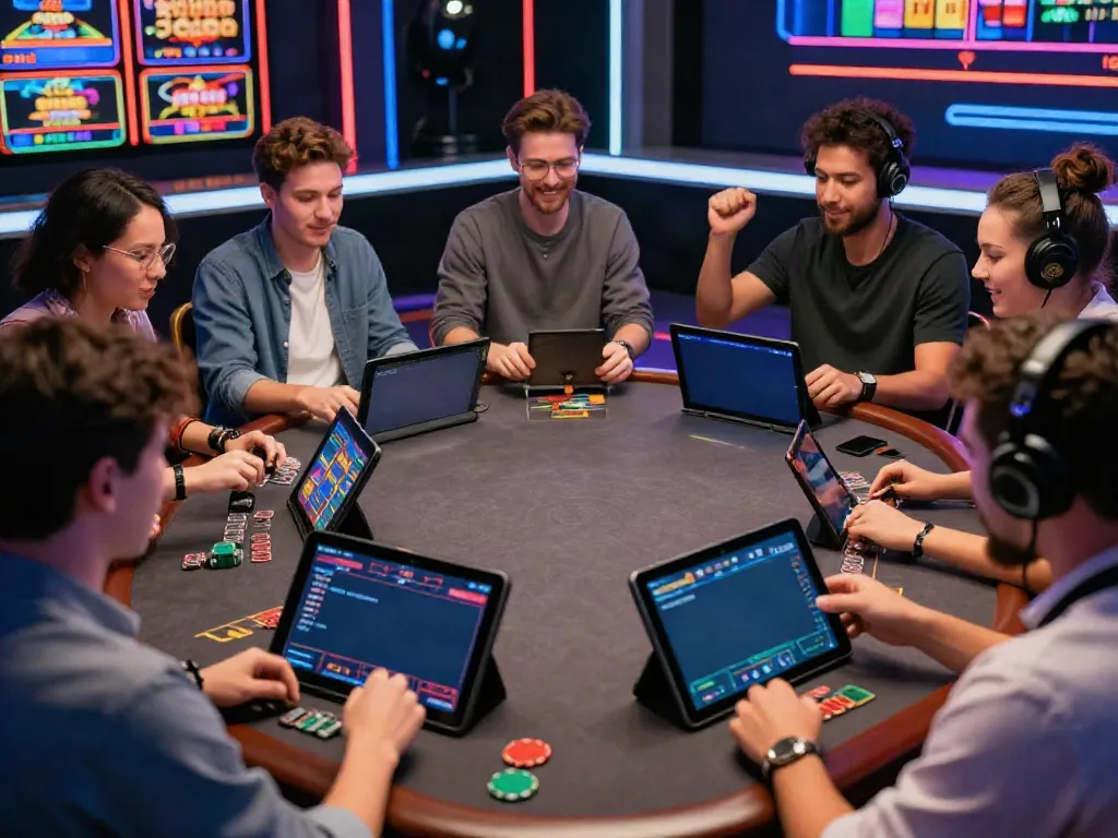 Excited players engaging with the ku88 online casino platform, celebrating wins while interacting with various gaming devices.