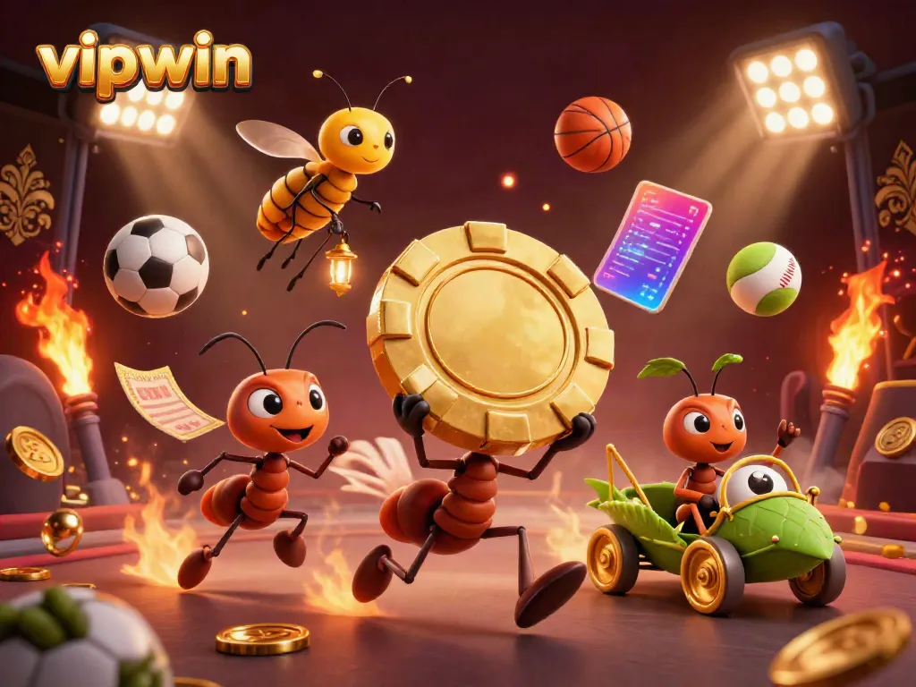 Experience the excitement of vipwin's casino with a heist of ants carrying a massive golden poker chip.