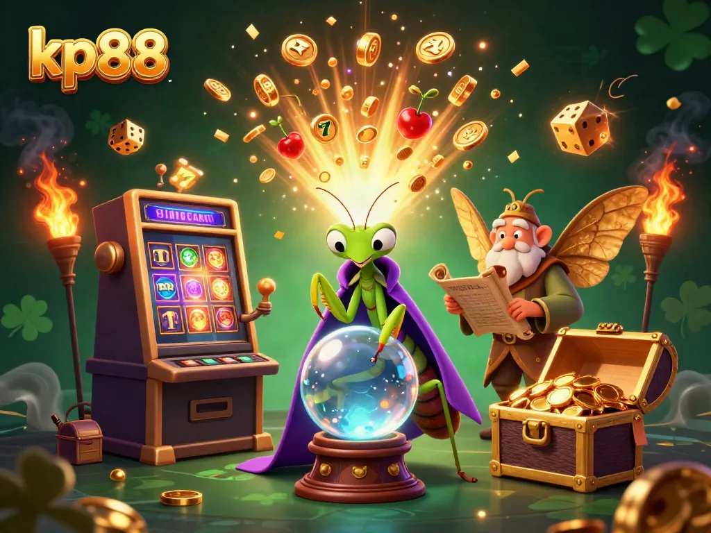 Experience thrilling gameplay at kp88 as a fortune teller reveals fortunes beside slot machines and treasure.