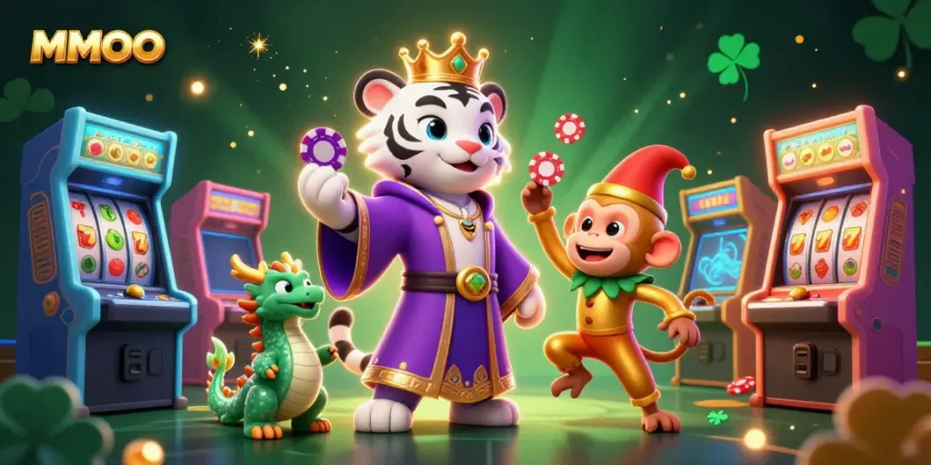 Experience the excitement at MMOO with a vibrant illustration of gaming characters and slot elements