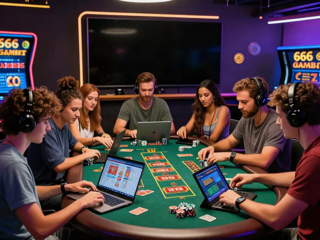 Friends enjoying diverse games at 666Gambit Casino with vibrant promotional displays.