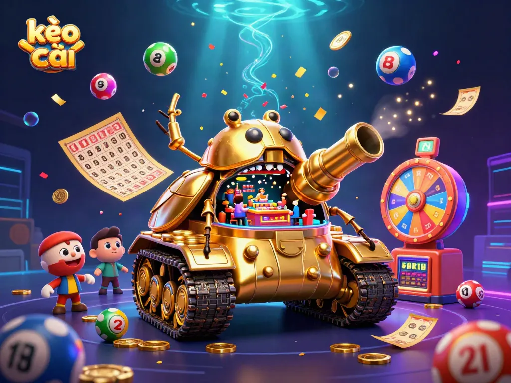 Experience kèo nhà cái with a vibrant 3D scene featuring a golden beetle tank casino and colorful lottery elements.