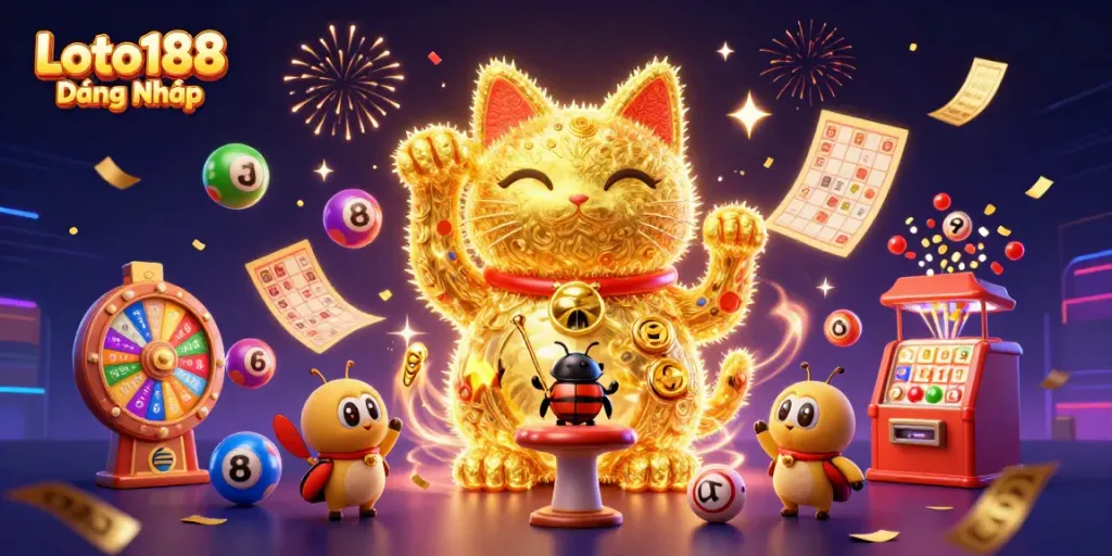 Loto188 Đăng Nhập showcases a vibrant carnival of gaming elements with a giant lucky cat and colorful lottery balls