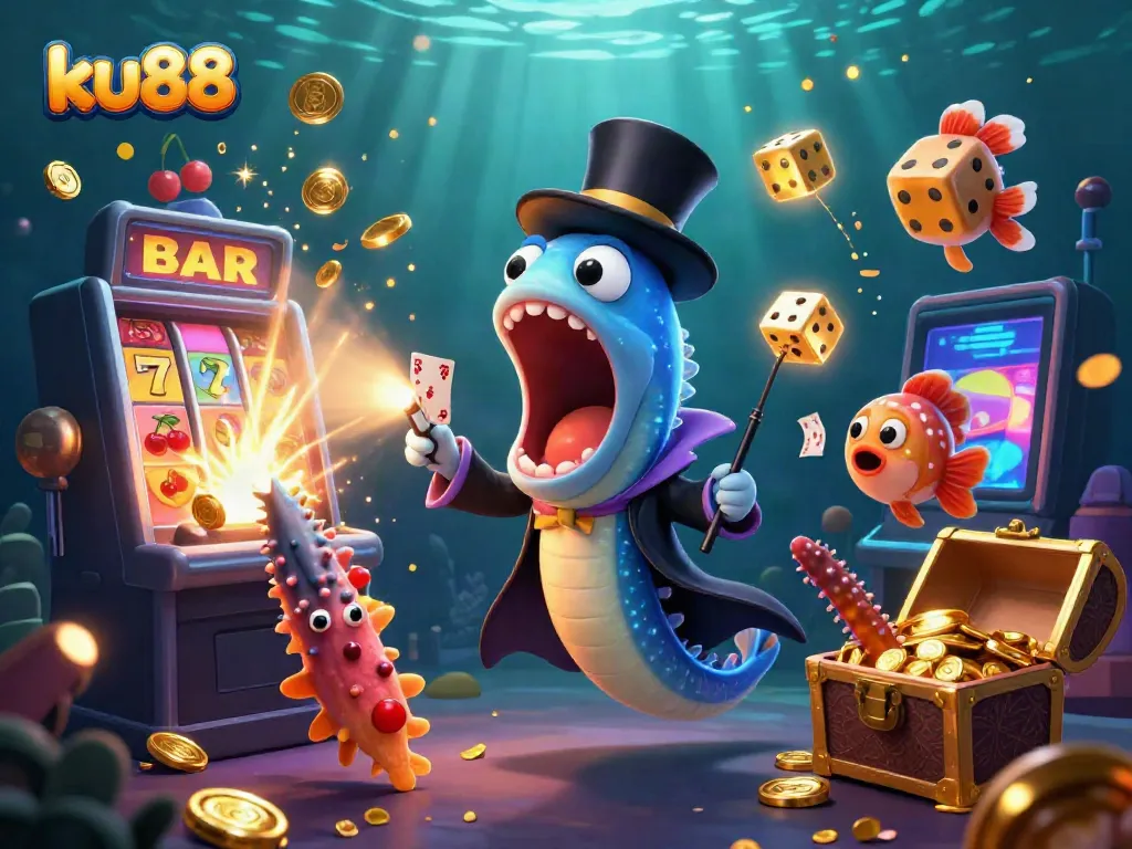 Experience the magic of ku88 with a vibrant underwater casino scene, featuring animated sea creatures and thrilling jackpots.